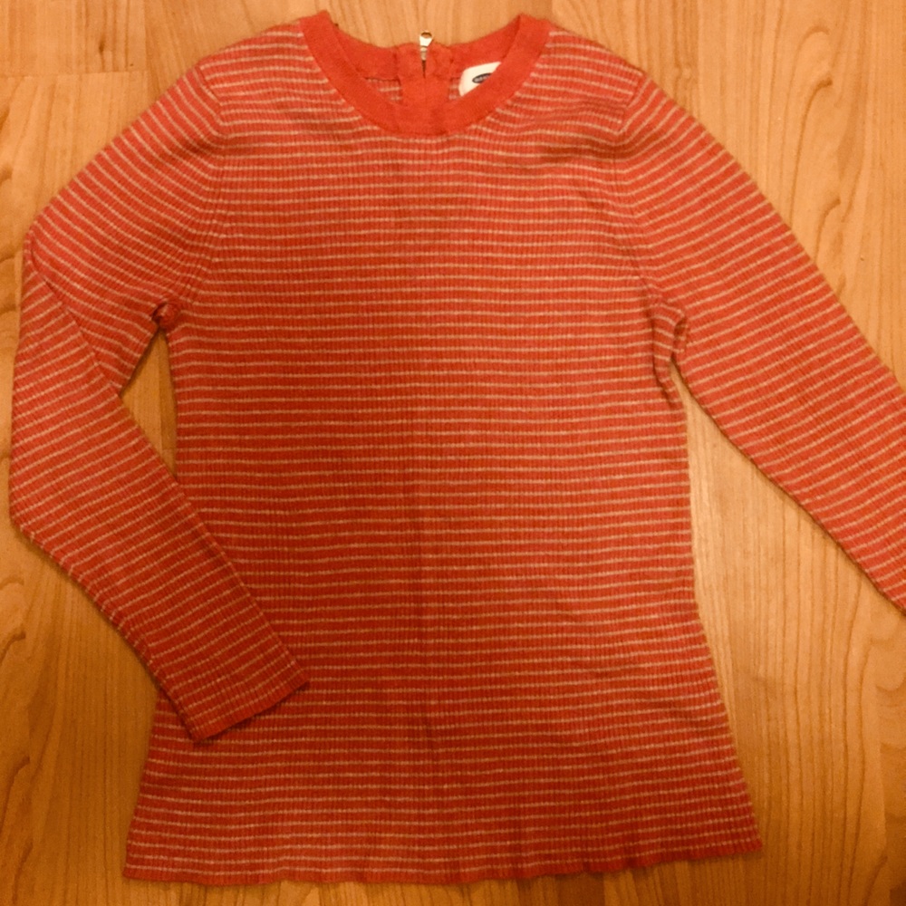 Ribbed Red and Gray Striped Sweater
